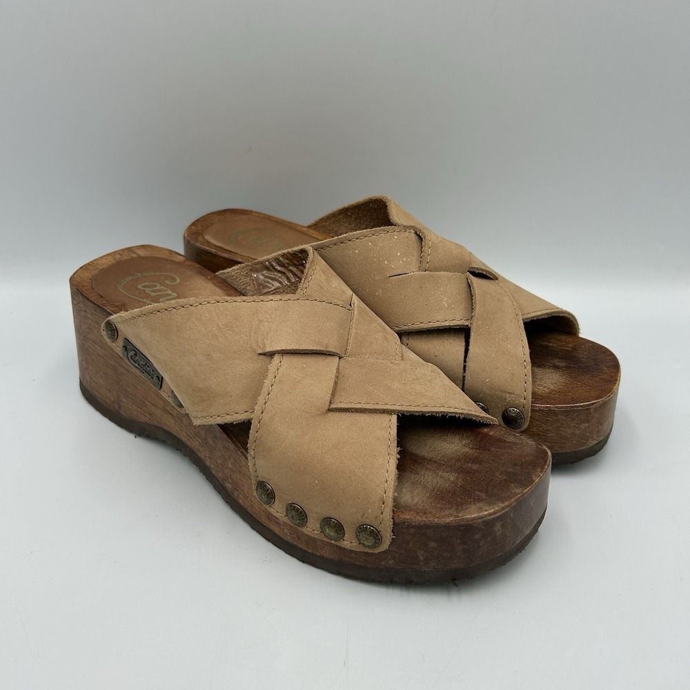 Vintage Candie's Wooden Clog Slide Sandal Brown Leather Platform Heel Y2K 90's